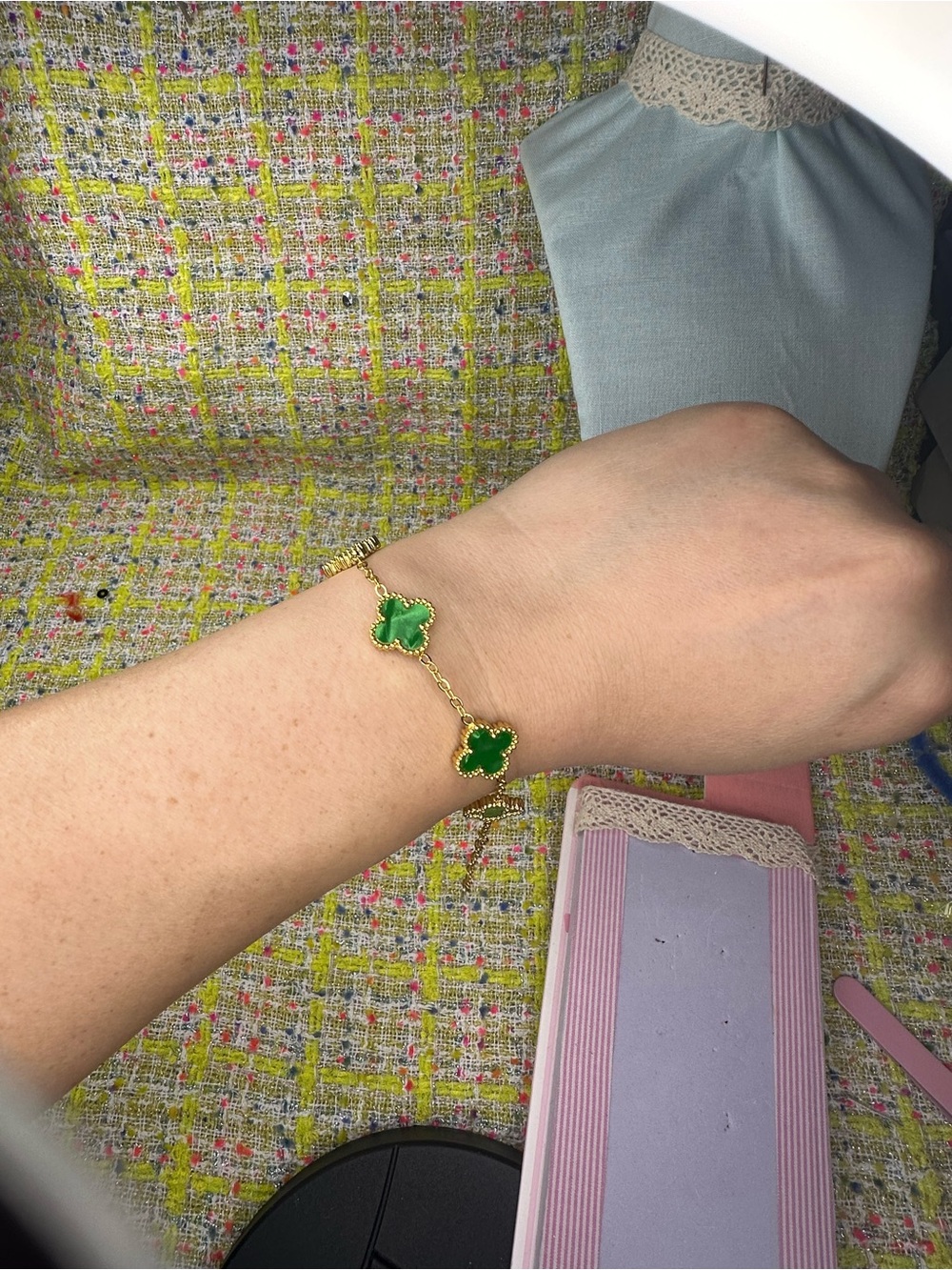 Gold green flower bracelet